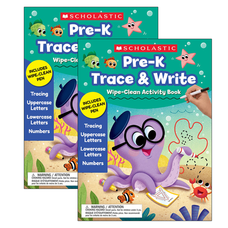 SCHOLASTIC Pre-K Trace + Write Wipe-Clean Activity Book with Pen, PK2 9781338678970